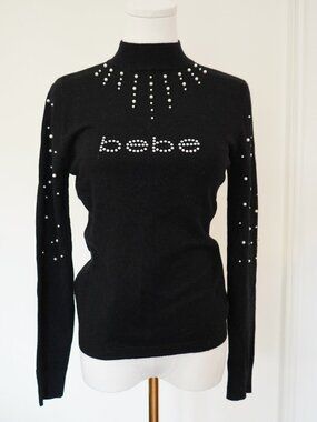 bebe Black Pearl Rhinestone Logo MockNeck Fitted Y2K Embellished Knit Sweater